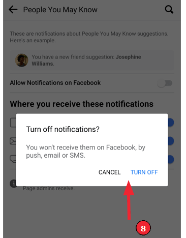 How to disable &quot;People you may know&quot; (Step 9): Confirm your step with &quot;Turn off&quot;