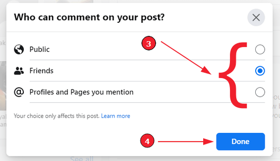 Kommentare für Ihren Facebook-Post deaktivieren (Schritt 3): Wählen Sie Ihre bevorzugte Option und bestätigen Sie.