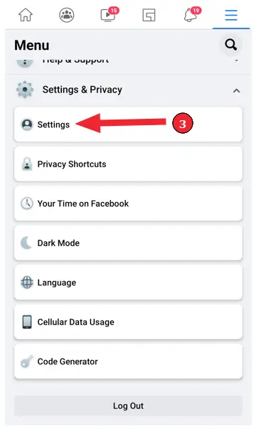 How to disable &quot;Active Now&quot; (Step 3): Select &quot;Settings&quot;