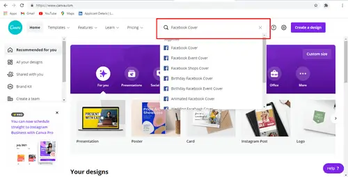 Step 1 with Canva: Search for "Facebook Cover" on Canva
