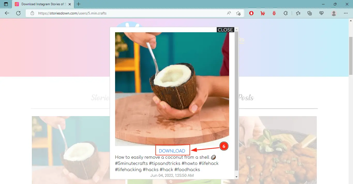 Step 4: Storiesdown button to download IG stories