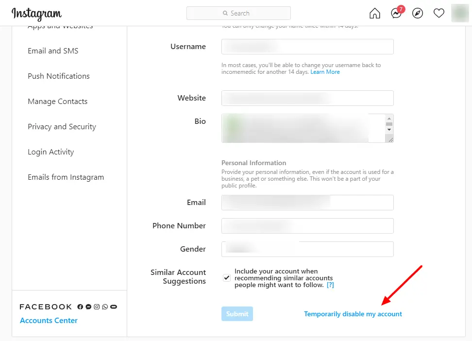 Instagram: "Temporarily disable my account"