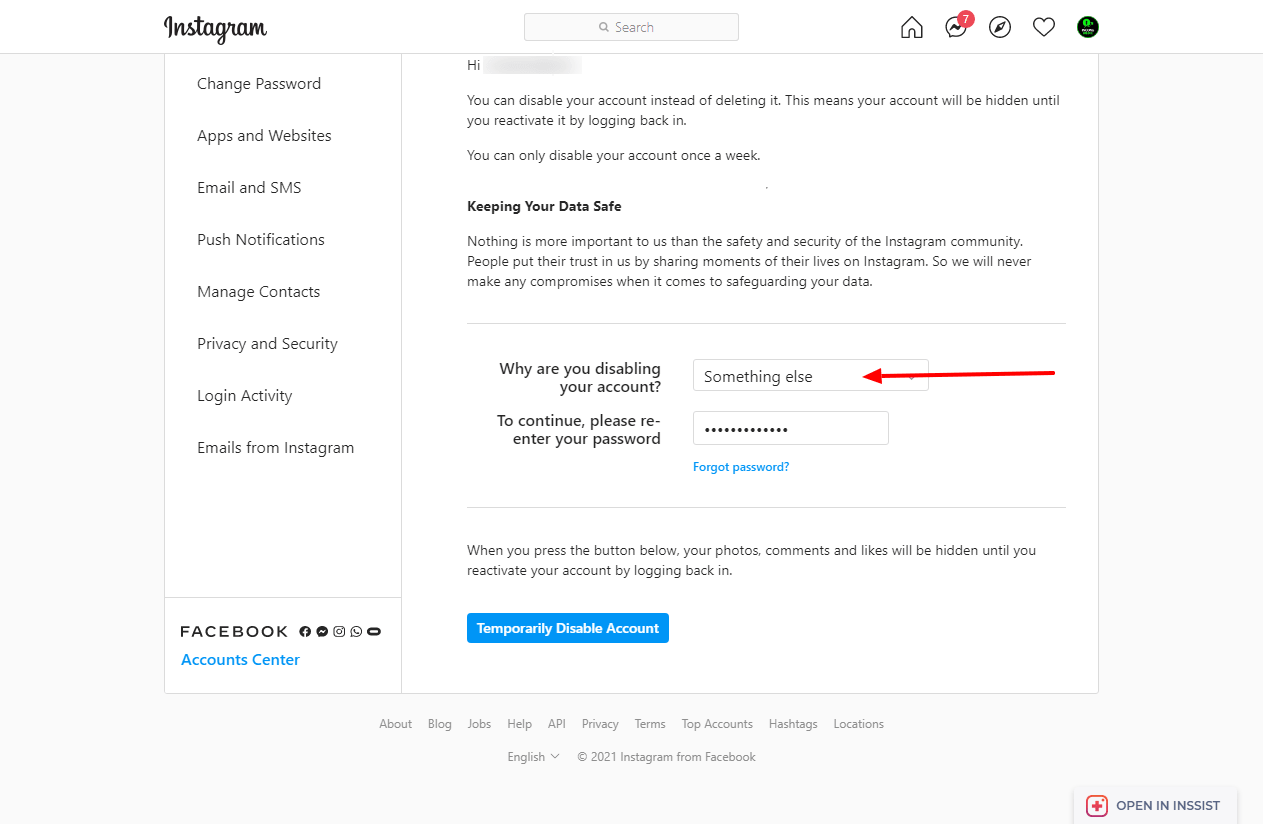 Instagram: "Why are you disabling your account?"