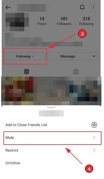 How to mute someone on Instagram (Step 4): Select "Mute" from the menu