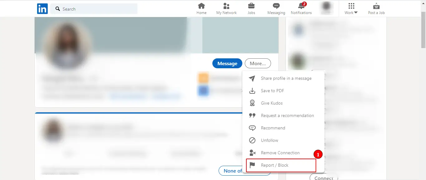 Block someone on LinkedIn (Step 4): Click on &quot;Report/Block&quot;