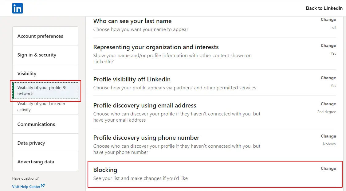 Unblock someone on LinkedIn (Step 6): Change profile visibility