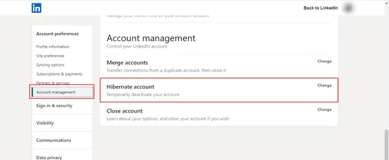 Deactivate LinkedIn account (Step 3): Select hibernate account