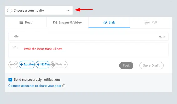 Crossposting from Imgur to Reddit (Step 5): Choose a Reddit community and paste your embed URL from Imgur