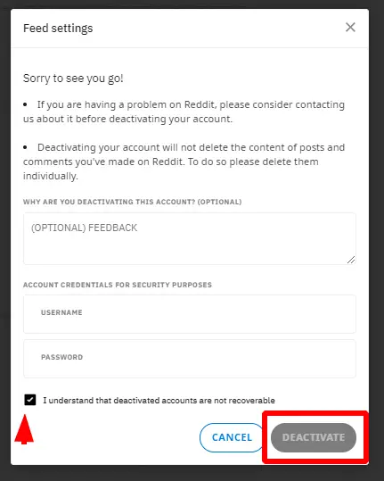 Reddit-Konto deaktivieren (Schritt 7): Bestätigen Sie mit Ihrer E-Mail und Ihrem Passwort