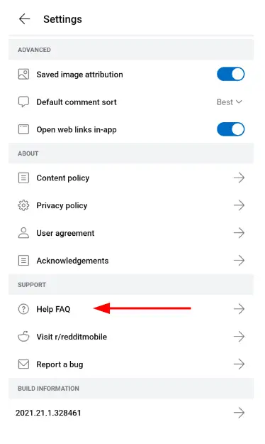 Reddit-Konto über die Reddit-App löschen (Schritt 3): Suchen Sie "Hilfe und FAQs"