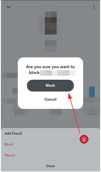 Wie man auf Snapchat blockiert (Schritt 5): Bestätige das Blockieren mit &quot;Blockieren&quot;.