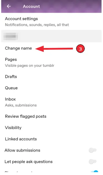 Change Tumblr Name in App (Step 4): Select "Change name"