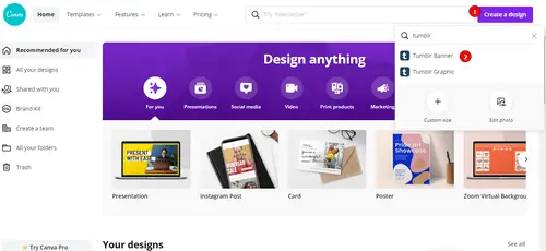 Tumblr-Banner mit Canva: Wählen Sie "Design erstellen" und "Tumblr-Banner".