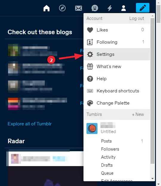 Deleting your Tumblr Account (Step 2): Go the "Settings" via the menu