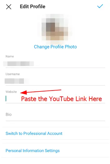 YouTube zur Instagram-Bio hinzufügen (Schritt 5): Fügen Sie Ihren YouTube-Video-Link in das Website-Feld ein