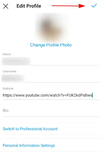 Add YouTube to Instagram Bio (Step 6): Click on the tick to save the website.