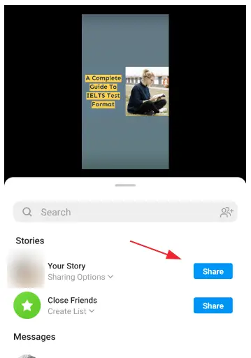 YouTube-Video in Instagram Stories freigeben (Schritt 5): Tippen Sie auf "Teilen", um die Story zu posten