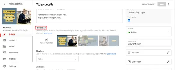 YouTube-Videodetails zum Hochladen des Vorschaubildes