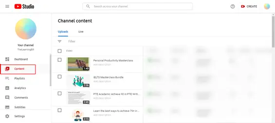 YouTube-Vorschaubild hochladen (Schritt 2): Wählen Sie "Inhalt"